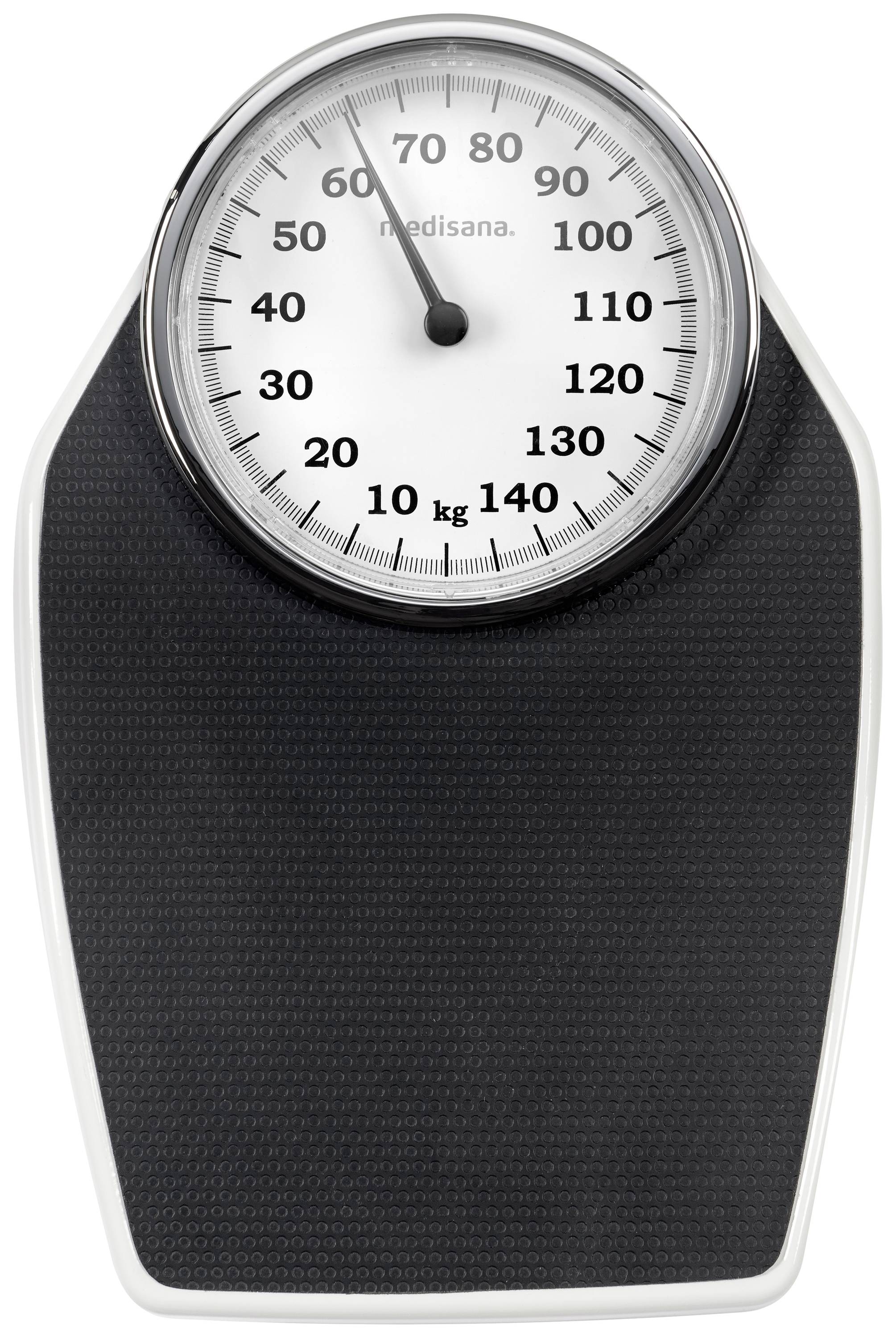 Zeigt eine analoge Standwaage mit Kilogramm-Skala von 0 bis 140 kg. Hauptsächlich verwendbar zur Gewichtsmessung.