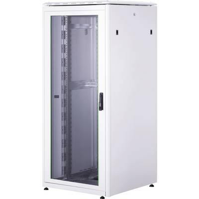 Ein weißer Server-Rack-Schrank mit Glastür, geeignet zur Unterbringung von IT-Ausrüstung.