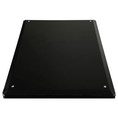 Ein rechteckiges, schwarzes Solarpanel mit vier sichtbaren Schrauben an den Ecken, auf einer weißen Hintergrundfläche.