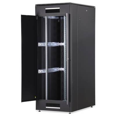 Offener schwarzer Serverschrank mit mehreren Fachebenen, geeignet zur Unterbringung von IT-Hardware in Rechenzentren.