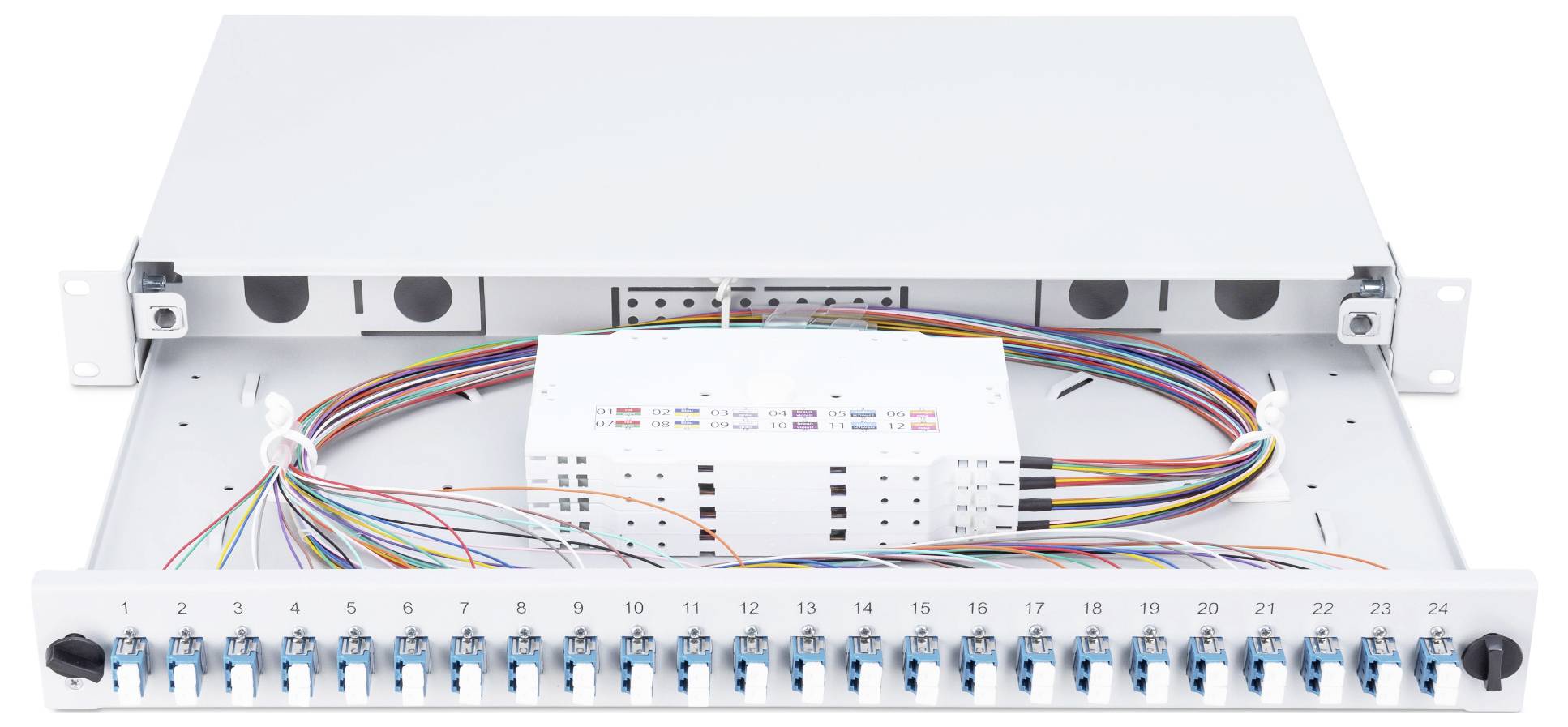 Glasfaser-Spleißbox mit 24 Ports, geöffnete Front, farbige Kabel im Inneren, ideal für Netzwerkverbindungen in Serverräumen.