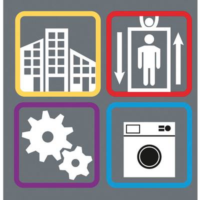 Symbole für ein Gebäude, einen Aufzug, Zahnräder und eine Waschmaschine, farblich markiert. Darstellung von Infrastruktur und Technik.
