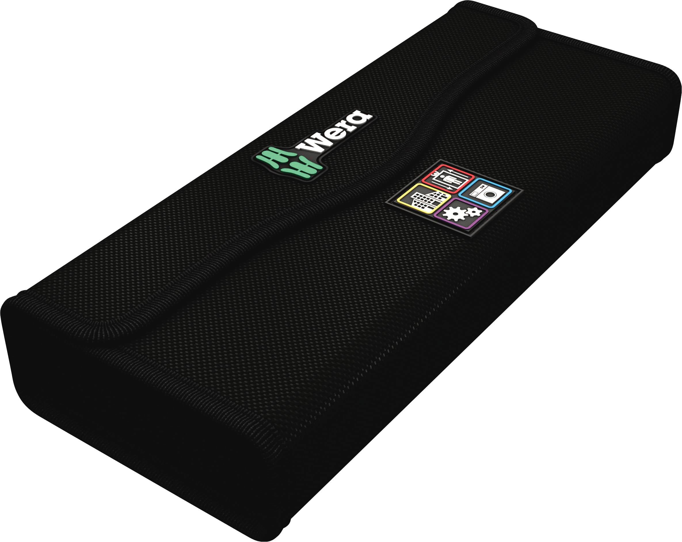 Schwarze Werkzeugtasche mit Wera-Logo auf der Oberseite. Enthält Symbole für Elektronik, Mechanik und Computertechnik.