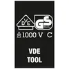 'VDE Tool'-Etikett; zeigt Symbole: GS-Zeichen für geprüfte Sicherheit und VDE bis 1000 V; kennzeichnet elektrische Sicherheitsstandards.