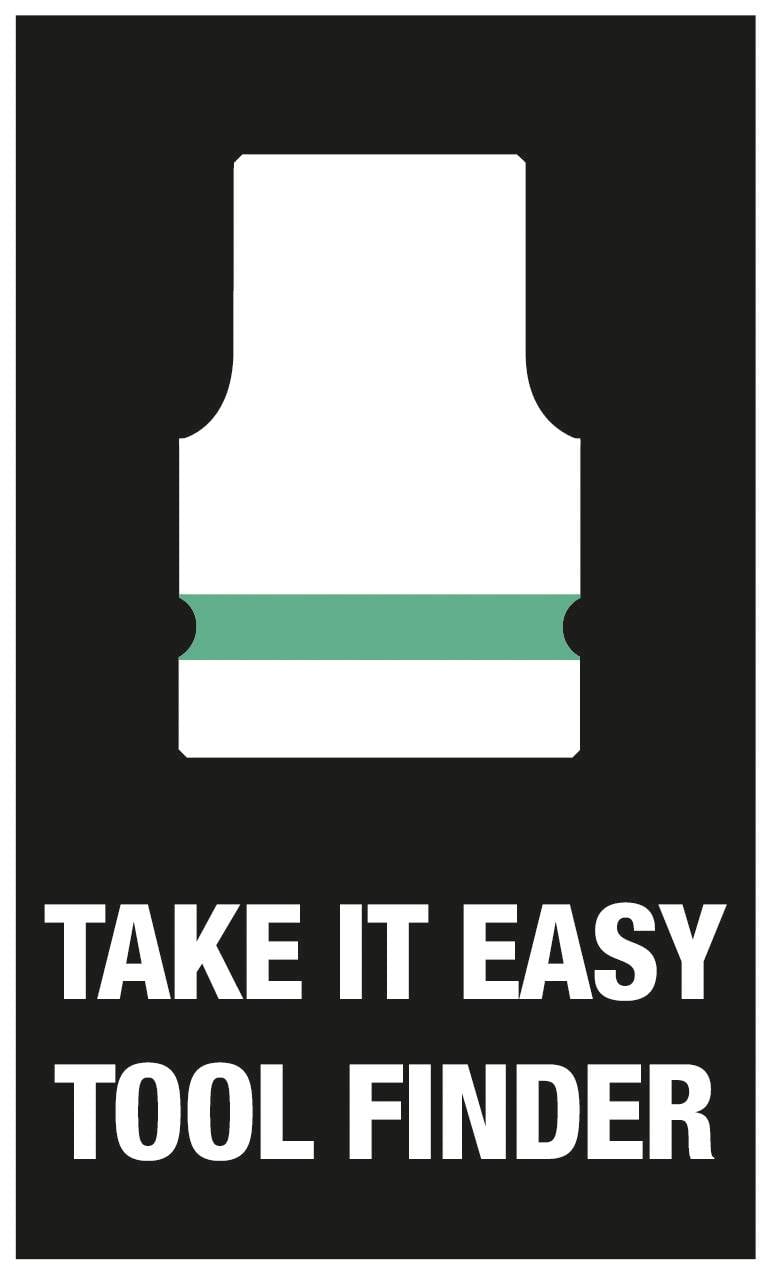 Diagramm eines Werkzeugs mit Aufschrift 'TAKE IT EASY TOOL FINDER' auf schwarzem Hintergrund.