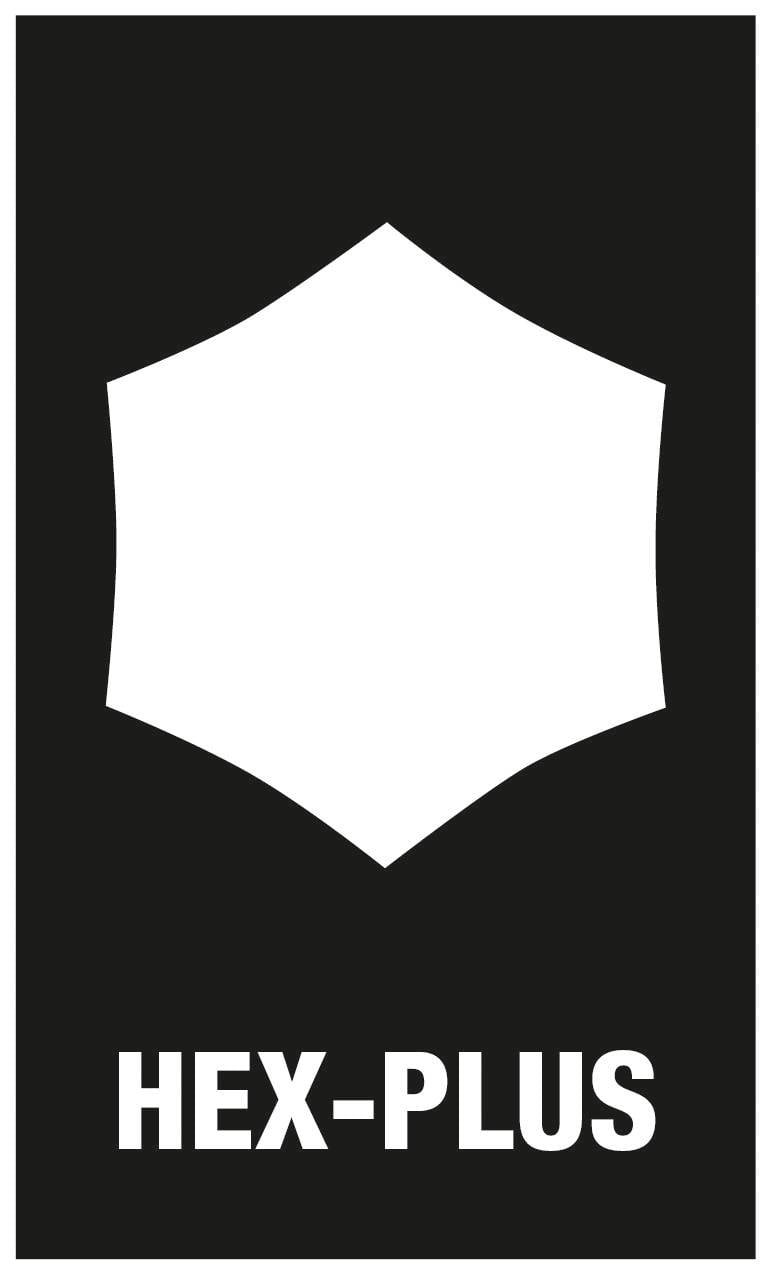 Schwarz-weiße Abbildung mit hexagonalem Symbol über der Aufschrift 'HEX-PLUS'.