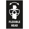 Symbol eines Gerätekopfes mit Pfeil für Flexibilität. Text: 'Flexible Head'.