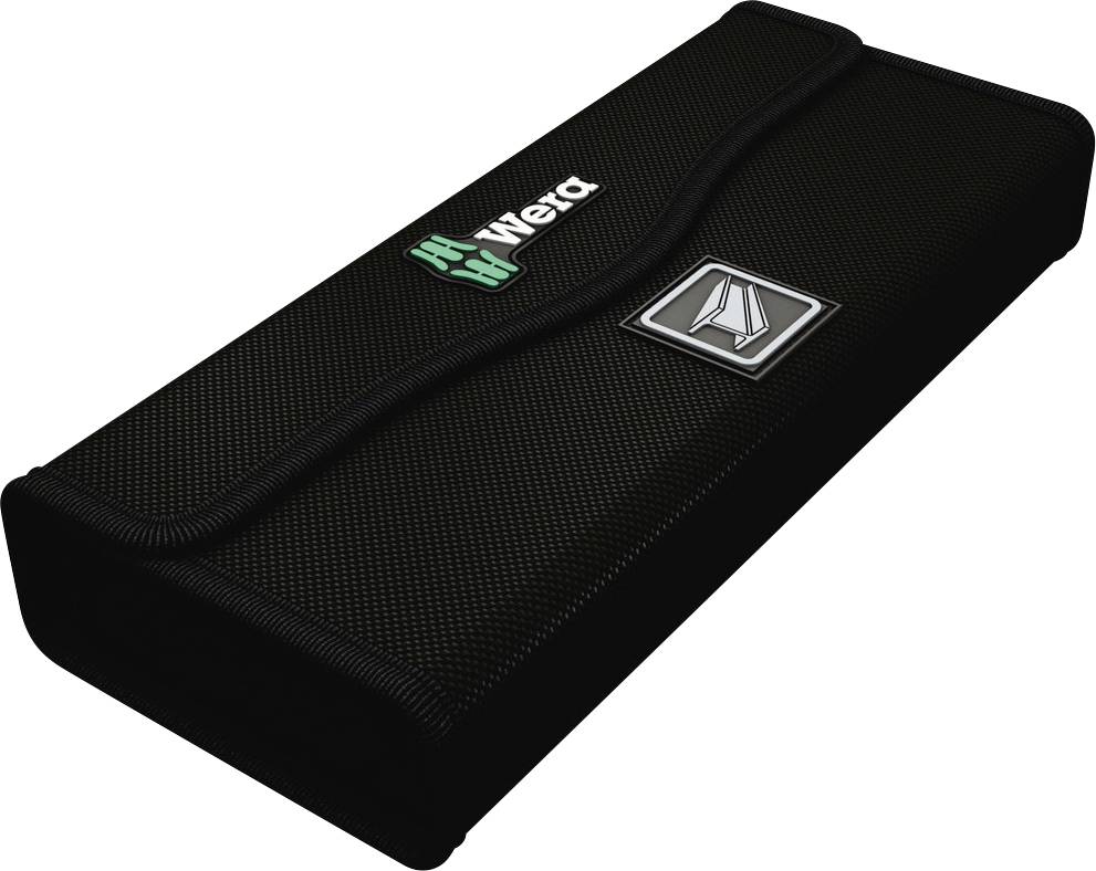 Schwarze Tasche mit grünem 'Wera'-Logo und silbernem Symbol auf der Vorderseite, vermutlich für Werkzeugaufbewahrung.
