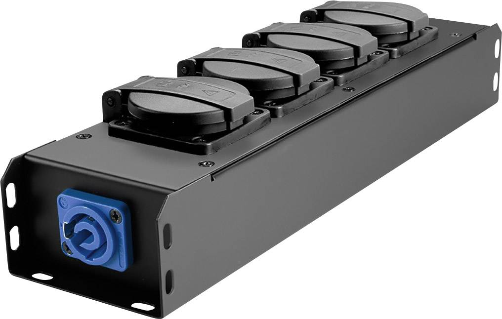 Schwarze Steckdosenleiste mit fünf runden Steckdosen und einem blauen Anschluss an der Seite, geeignet für Computer-Racks.