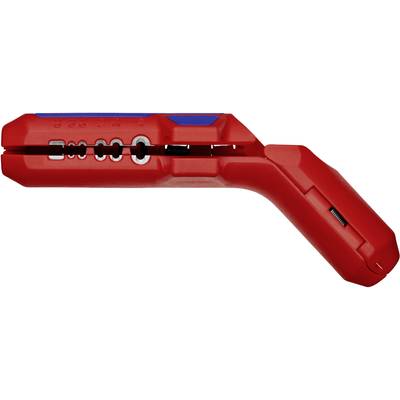 Rotes Kabelabisolierwerkzeug mit blauer und silberner Beschriftung. Eignet sich zum präzisen Abisolieren von Kabeln unterschiedlicher Dicke.