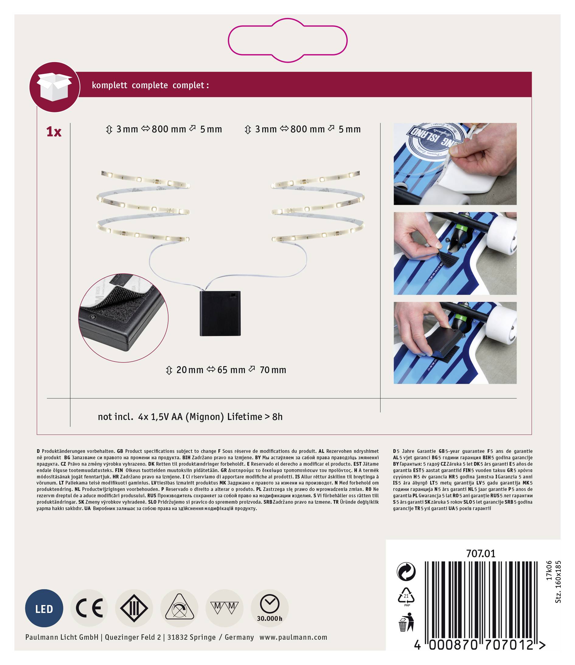 'LED Licht Kit für Skateboards: Enthält 3 Klebestreifenlichter, Anschlusskabel, Batteriefach. Batterien nicht enthalten.'