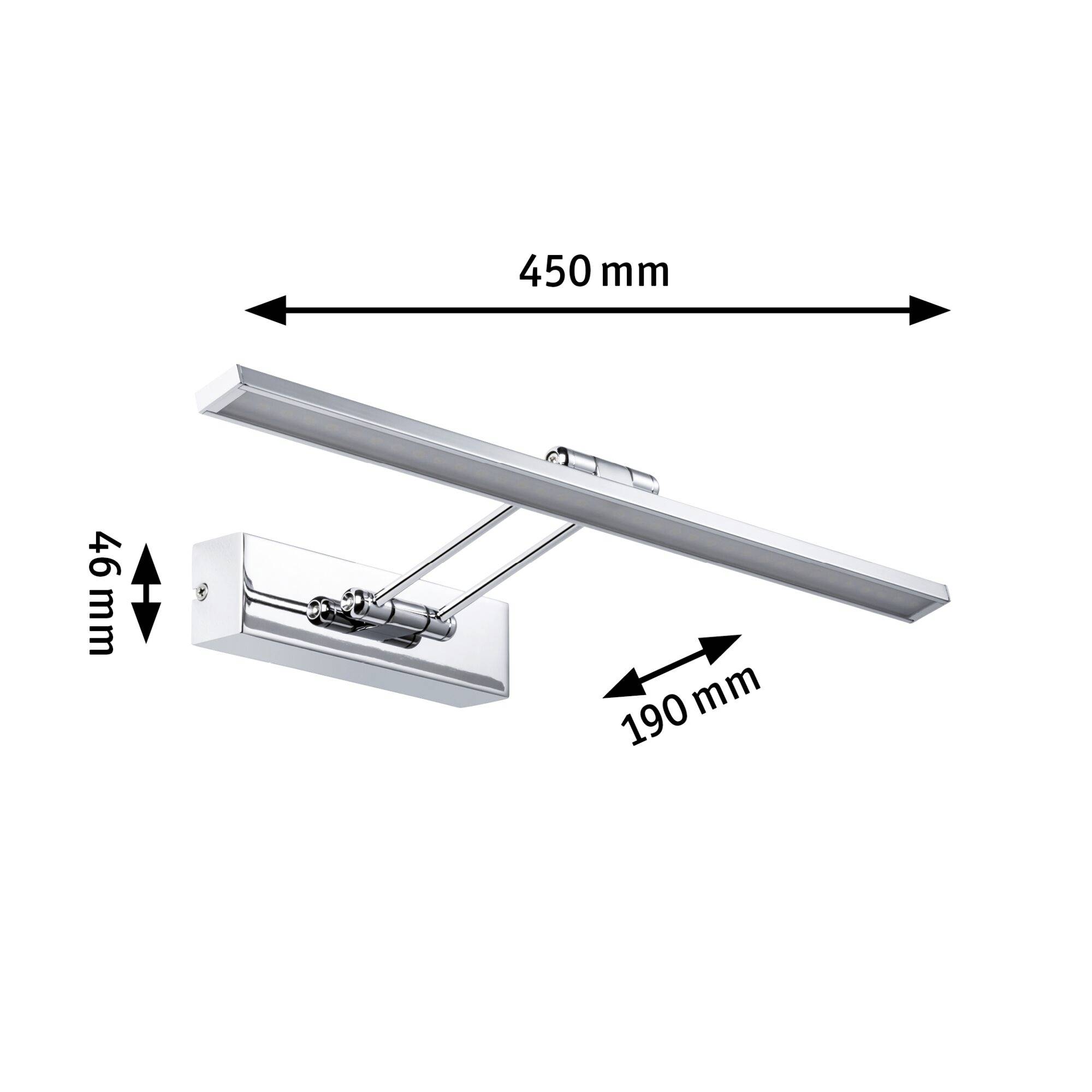 Chromfarbene LED-Bilderleuchte mit Abmessungen: 450 mm Breite, 46 mm Höhe, 190 mm Tiefe. Geeignet zur Beleuchtung von Bildern.