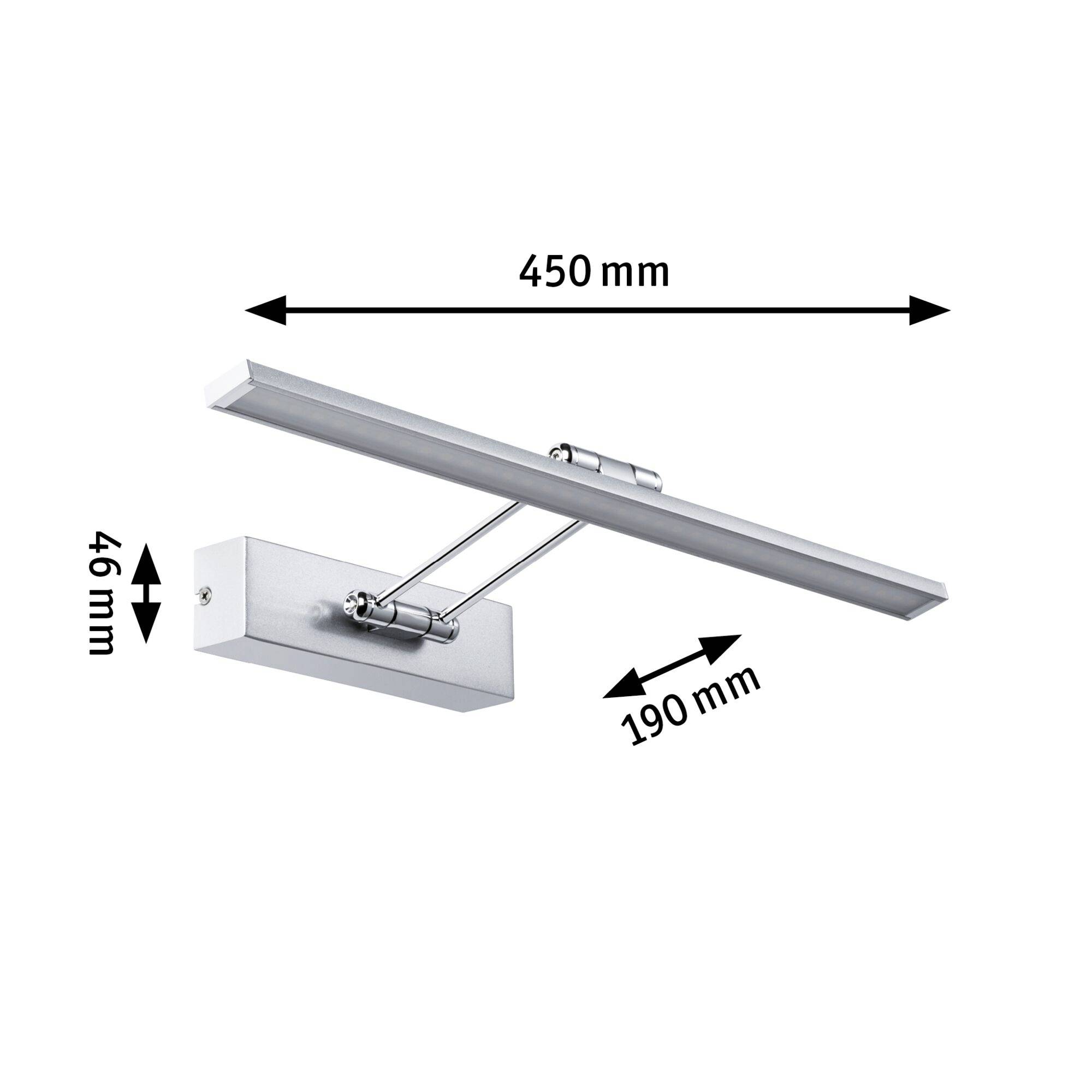 Silberfarbene LED-Bilderleuchte mit rechteckigem Wandhalter. Maße: Breite 450 mm, Tiefe 190 mm, Höhe 46 mm.