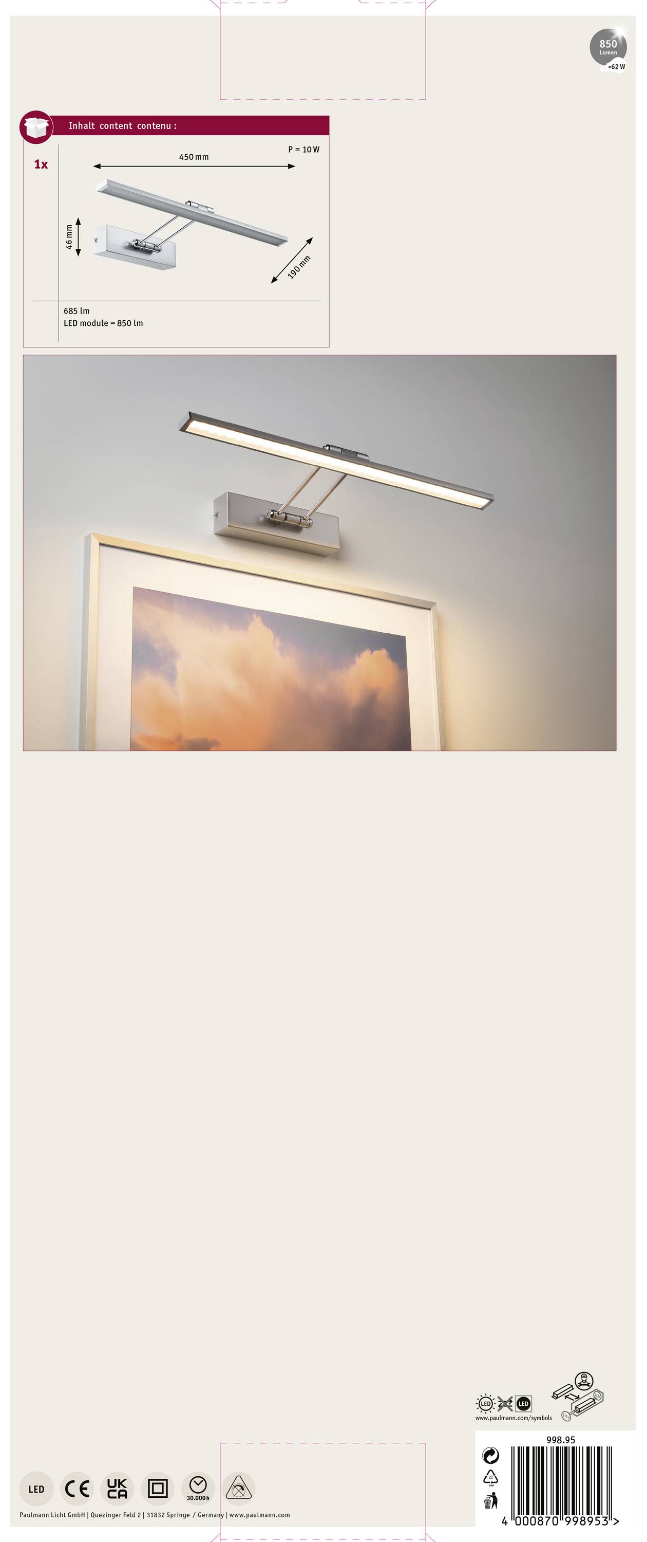 Eine LED-Bilderleuchte über einem Gemälde. Oben links ein kleines Bild der Lampe mit den Maßen: 445 x 180 mm, 500 Lumen.