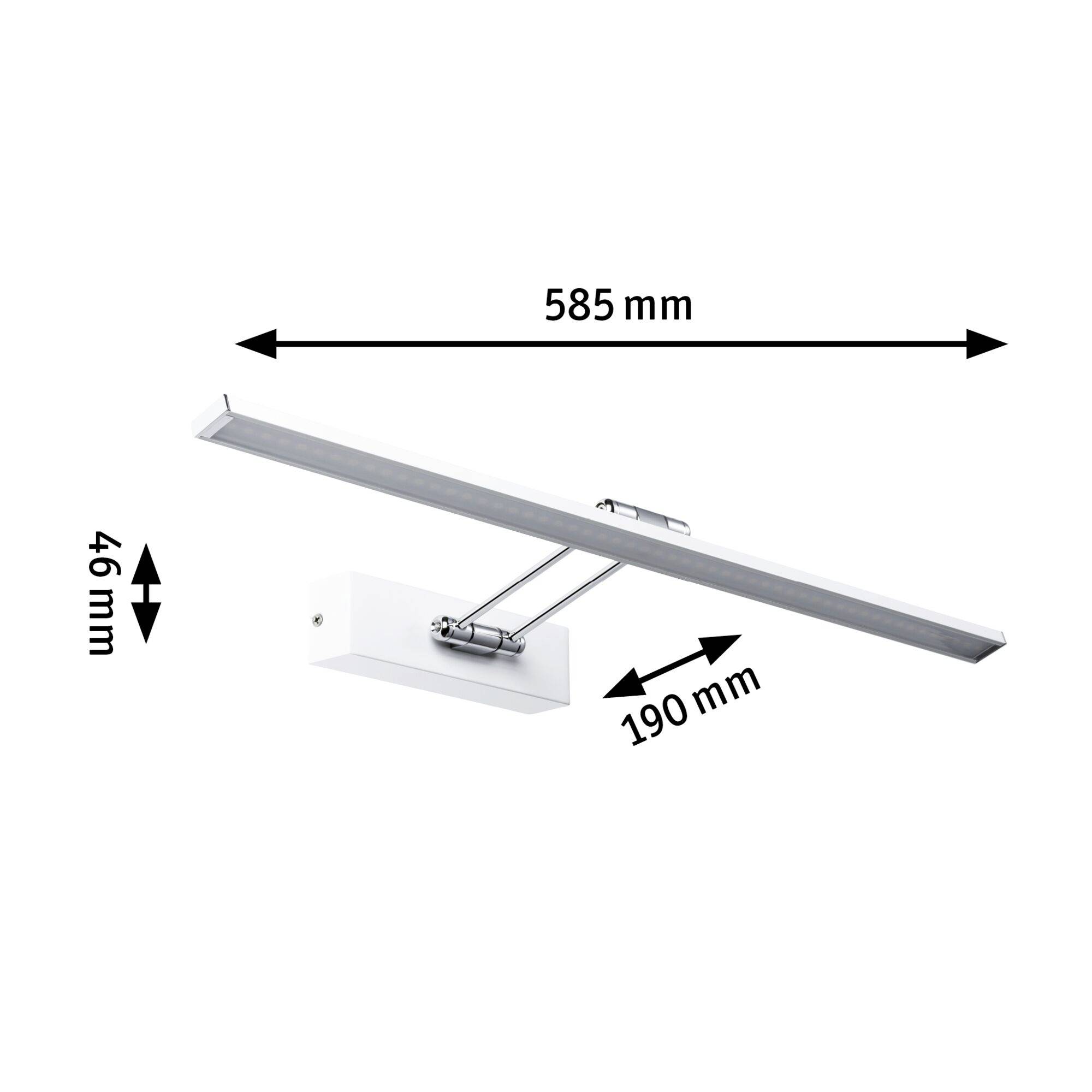 LED-Wandleuchte mit Abmessungen: Breite 585 mm, Höhe 46 mm, Tiefe 190 mm. Modernes Design für Akzentbeleuchtung.
