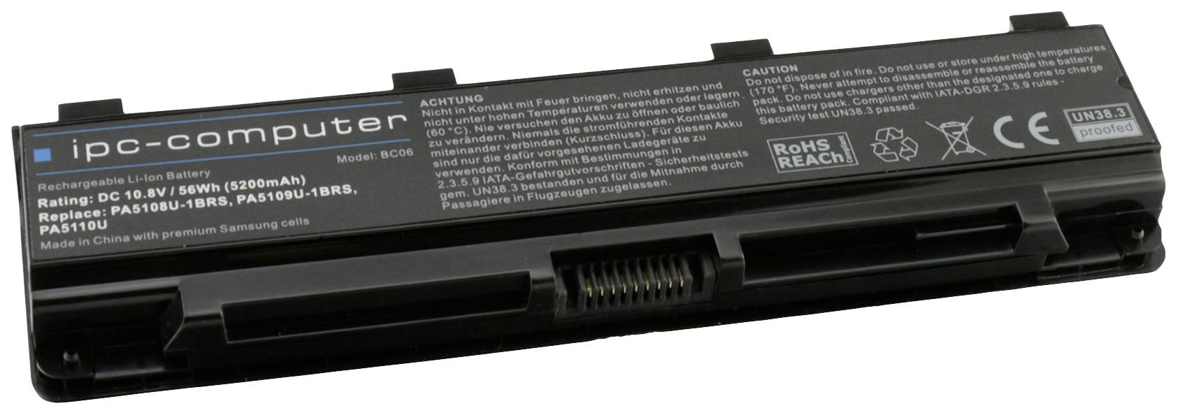 Laptop-Akku von ipc-computer, Modell BCM, 10,8V, 56Wh, ersetzt Modelle PA5108U-1BRS und andere. Made in China.