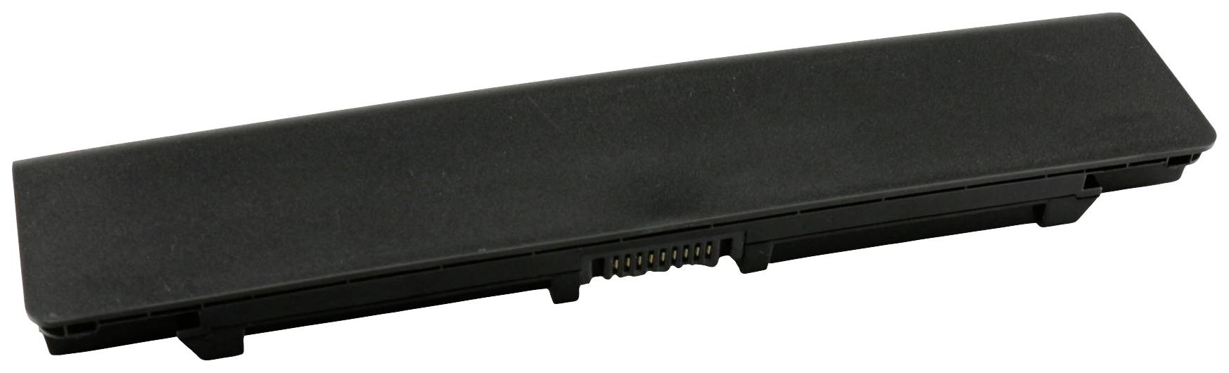 Ein schwarzer, rechteckiger Laptop-Akku mit Kontaktanschlüssen, bereit zum Einsetzen in ein Gerät.