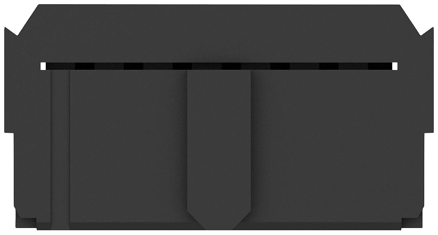 Schwarzes rechteckiges Objekt mit mehreren Einkerbungen und einer nach unten zeigenden Lasche in der Mitte, vor weißem Hintergrund.