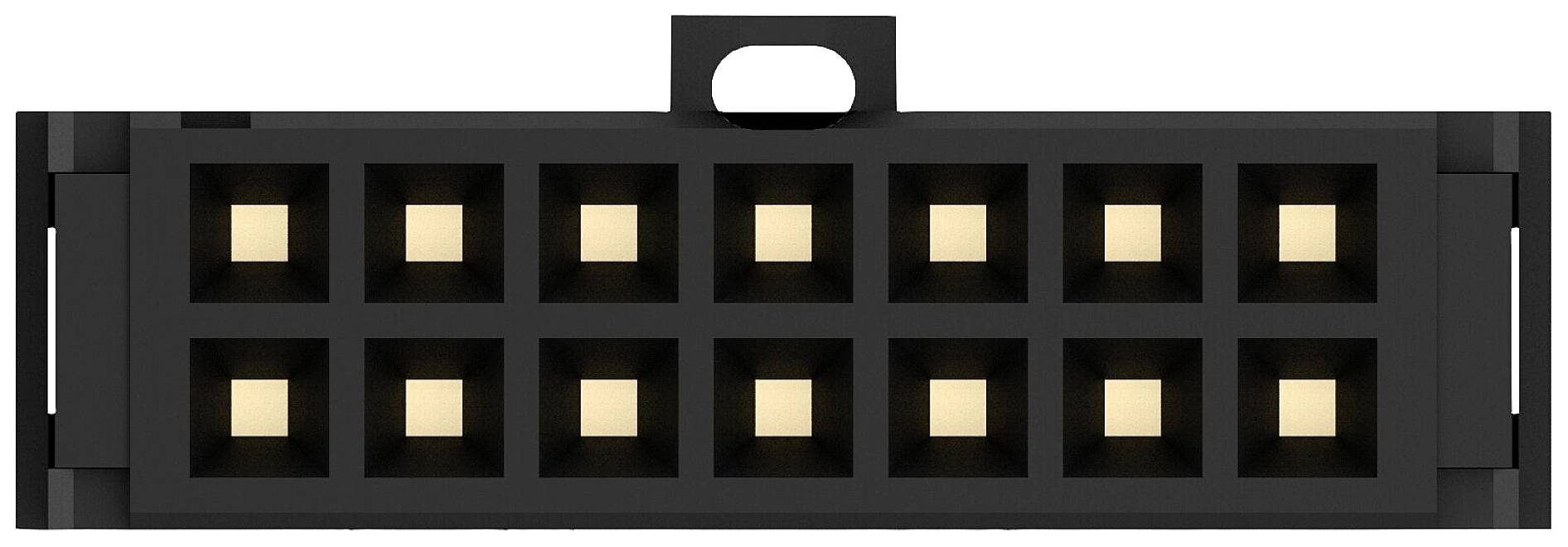 Schwarzes, rechteckiges Gitter mit 16 quadratischen, goldfarbenen Feldern in Vier-mal-Vier-Anordnung, wahrscheinlich elektronisches Bauteil.