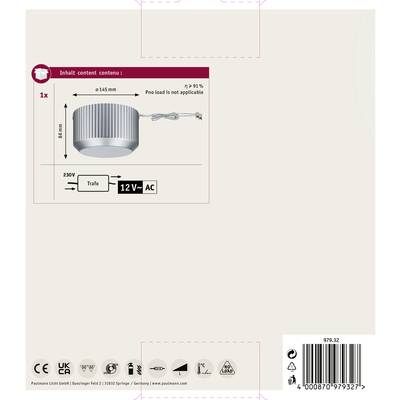 'Produktverpackung mit Abbildung eines Netzteils und technischen Spezifikationen: 230V Eingang, 12V AC Ausgang, ohne Last.'