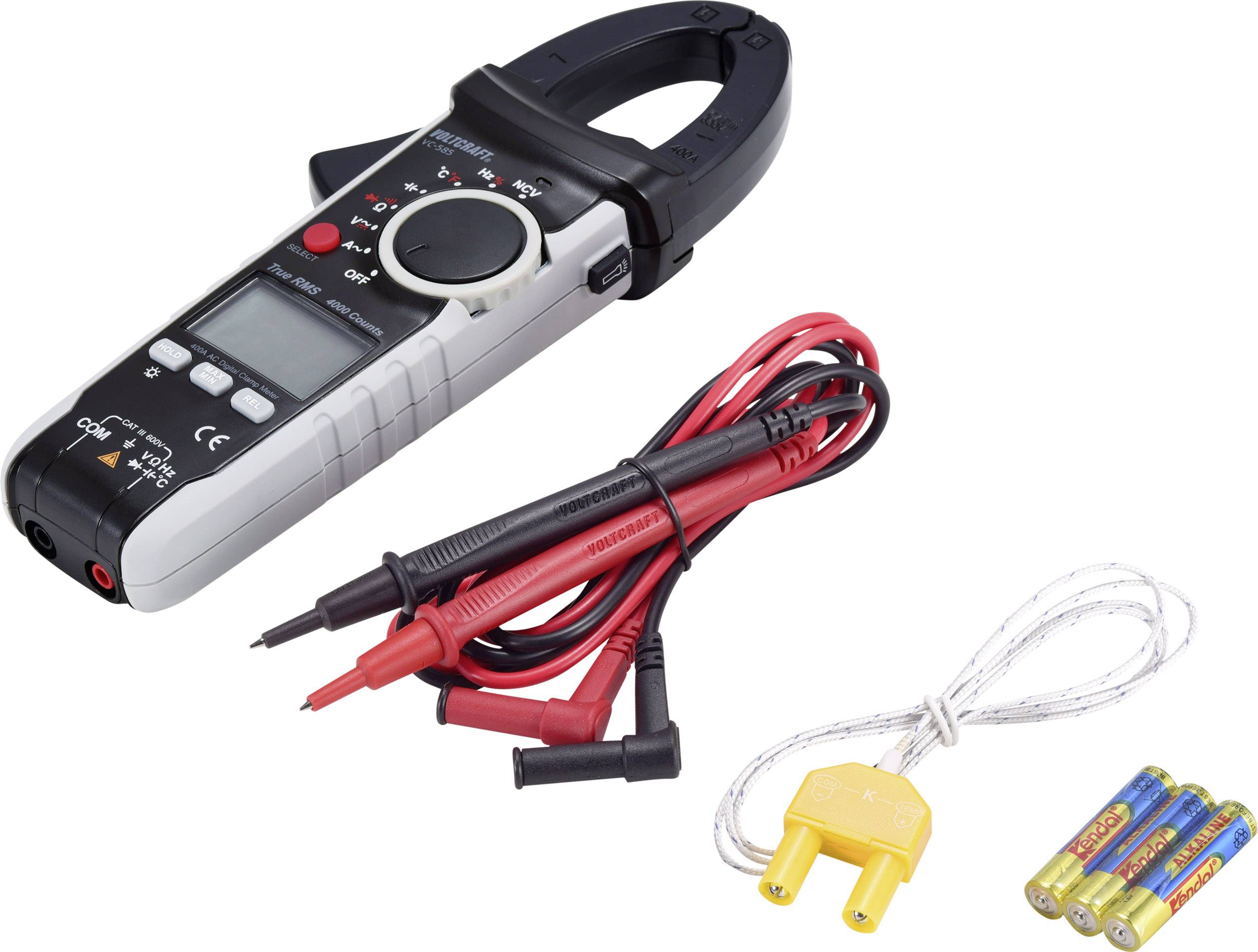 'Digitalmultimeter mit Klemmen, zwei Messleitungen und gelbem Temperaturfühler. Vier AA-Batterien daneben.'