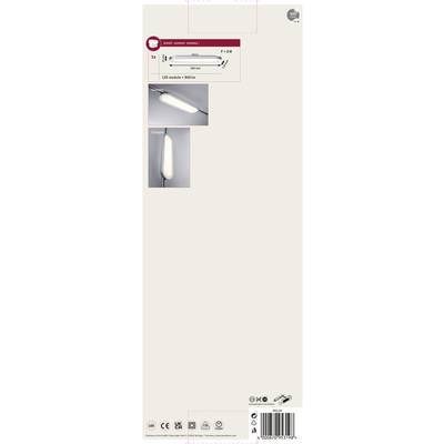 Produktverpackung einer LED Leuchte mit Bildern der Leuchte in verschiedenen Ansichten. Informationen zur LED-Modulleistung und CE-Zertifizierung sind angegeben.