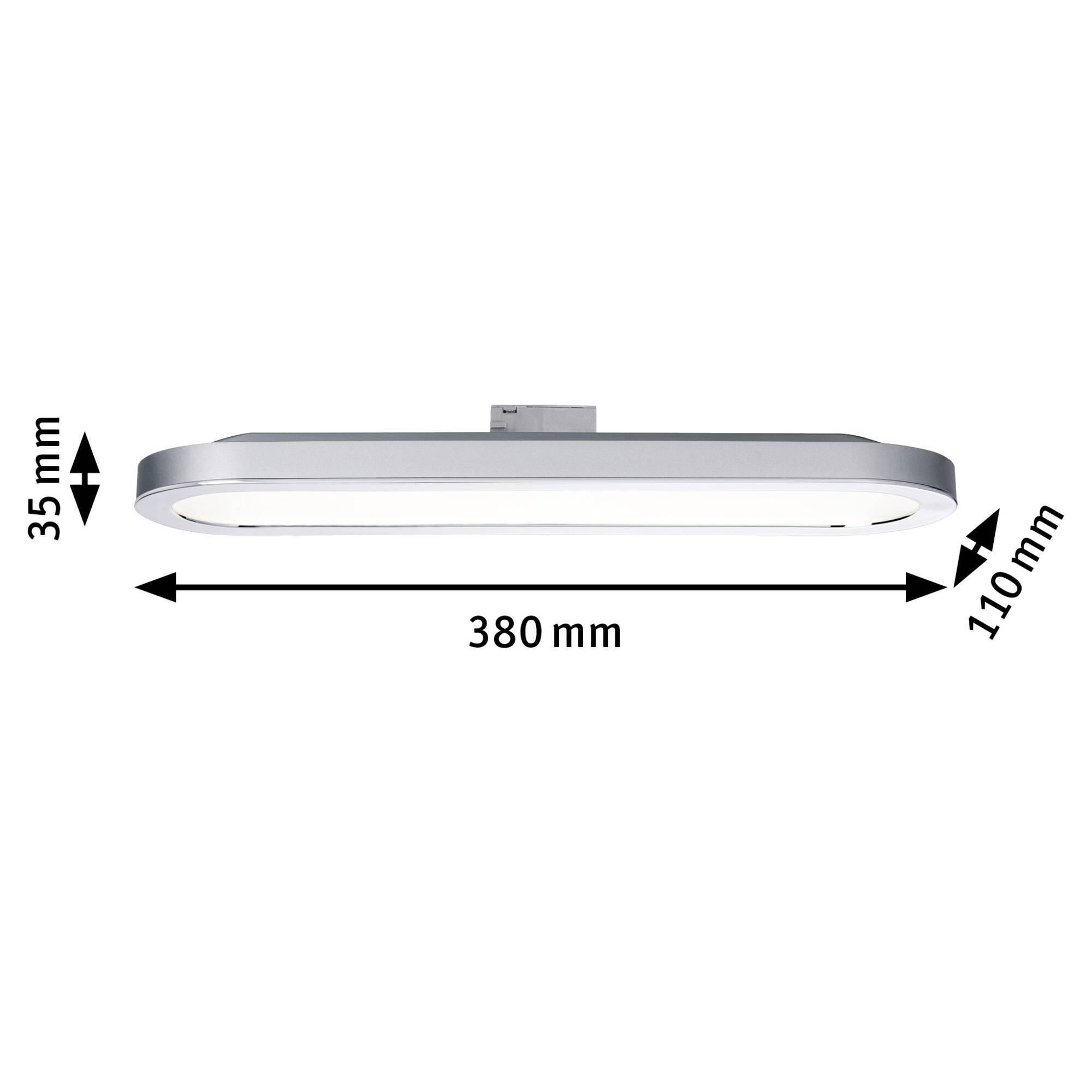 Silberne LED-Deckenleuchte, rechteckig, 380 mm lang, 110 mm breit, 35 mm hoch. Maße mit Pfeilen angezeigt.