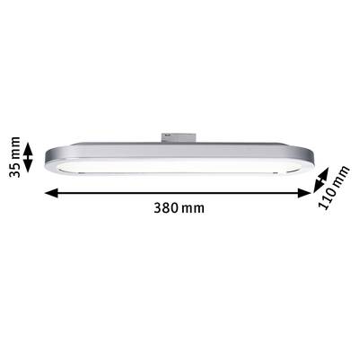 Silberne LED-Deckenleuchte, rechteckig, 380 mm lang, 110 mm breit, 35 mm hoch. Maße mit Pfeilen angezeigt.
