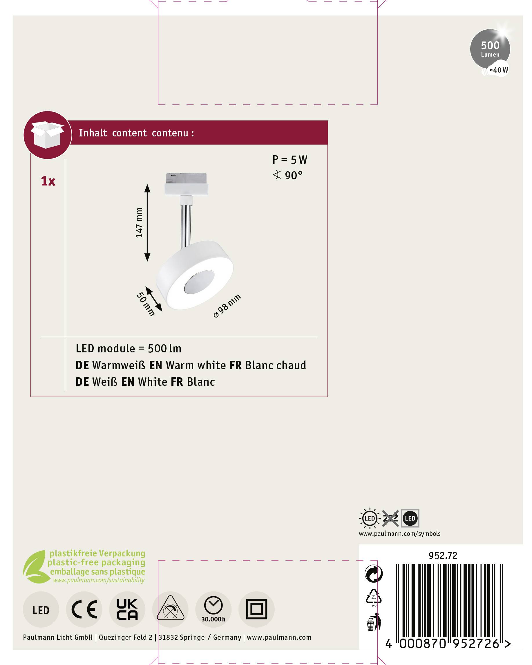 LED-Deckenspots mit 5W, 500lm, warmweiß (3000K), 90° Abstrahlwinkel. Enthält ein Modul. Plastikfreie Verpackung, Artikelnummer: 952.72.