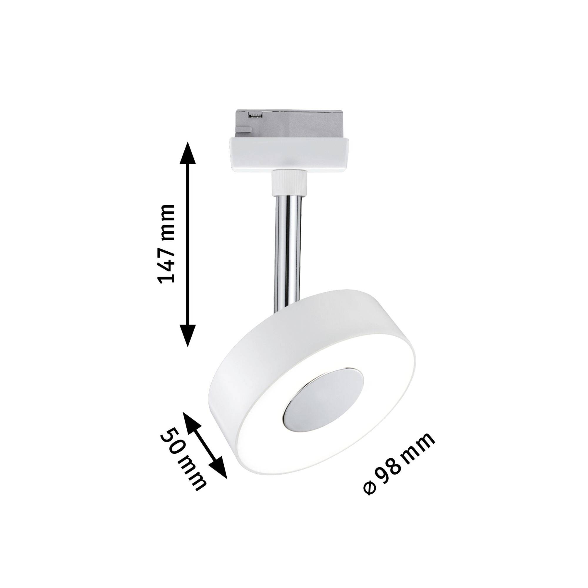 LED-Lampe mit beweglichem Kopf, Abmessungen: Höhe 147 mm, Breite 98 mm, Dicke 50 mm; geeignet zur flexiblen Beleuchtung.