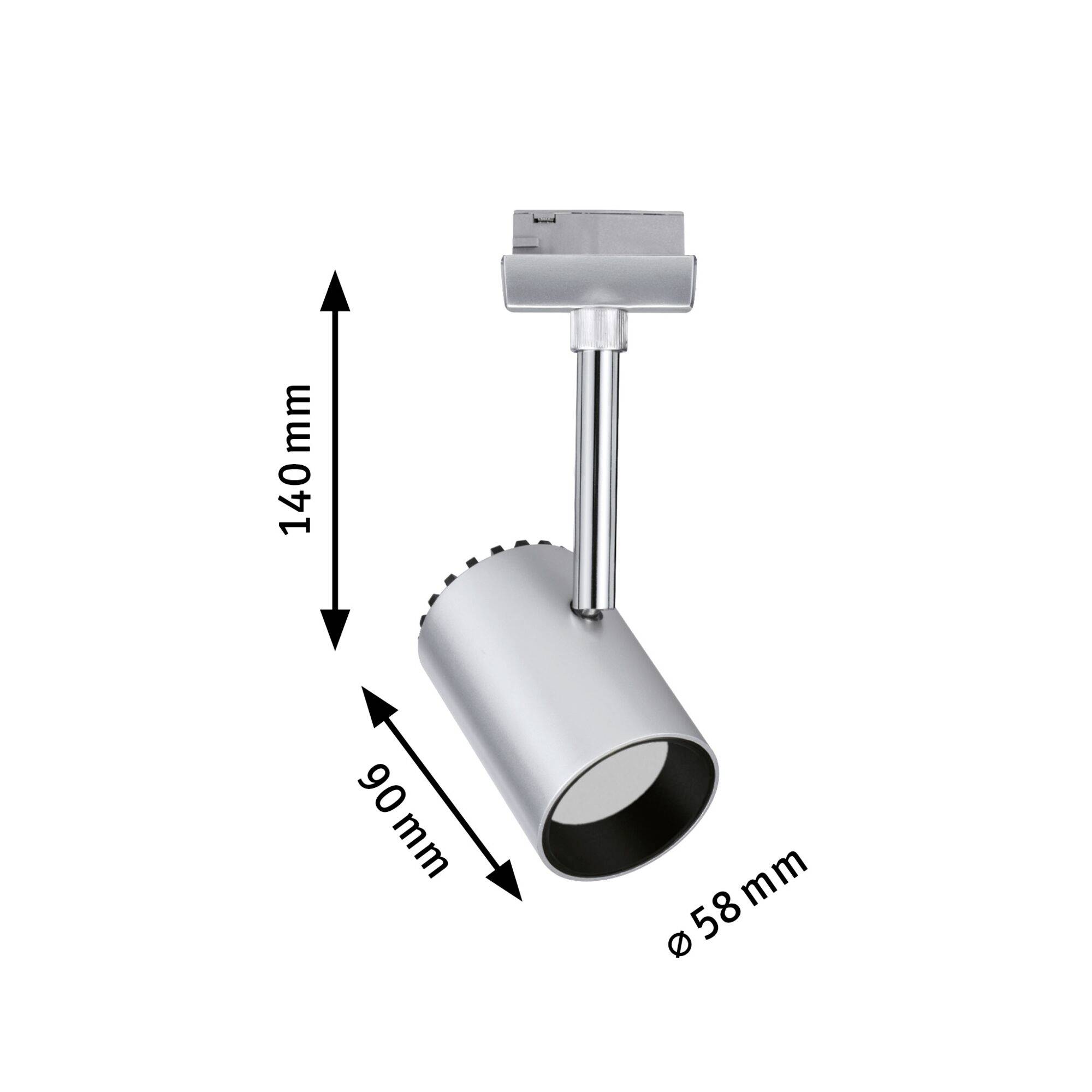 Ein zylindrischer Deckenstrahler in Silber mit Maßen: Länge 140 mm, Ausladung 90 mm, Durchmesser 58 mm.