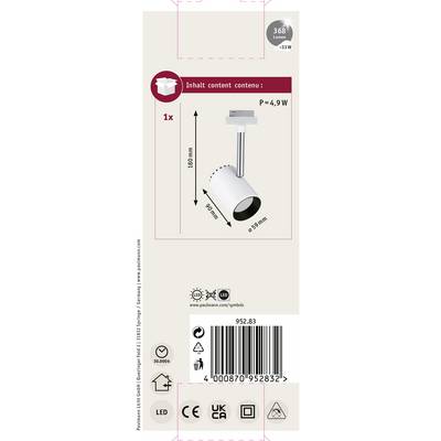 'Produktverpackung für eine LED-Lampe, 4,9W, Modell 952.83, Einklemmleuchte, Maße: 180mm x 90mm, Barcode 4008870952832.'