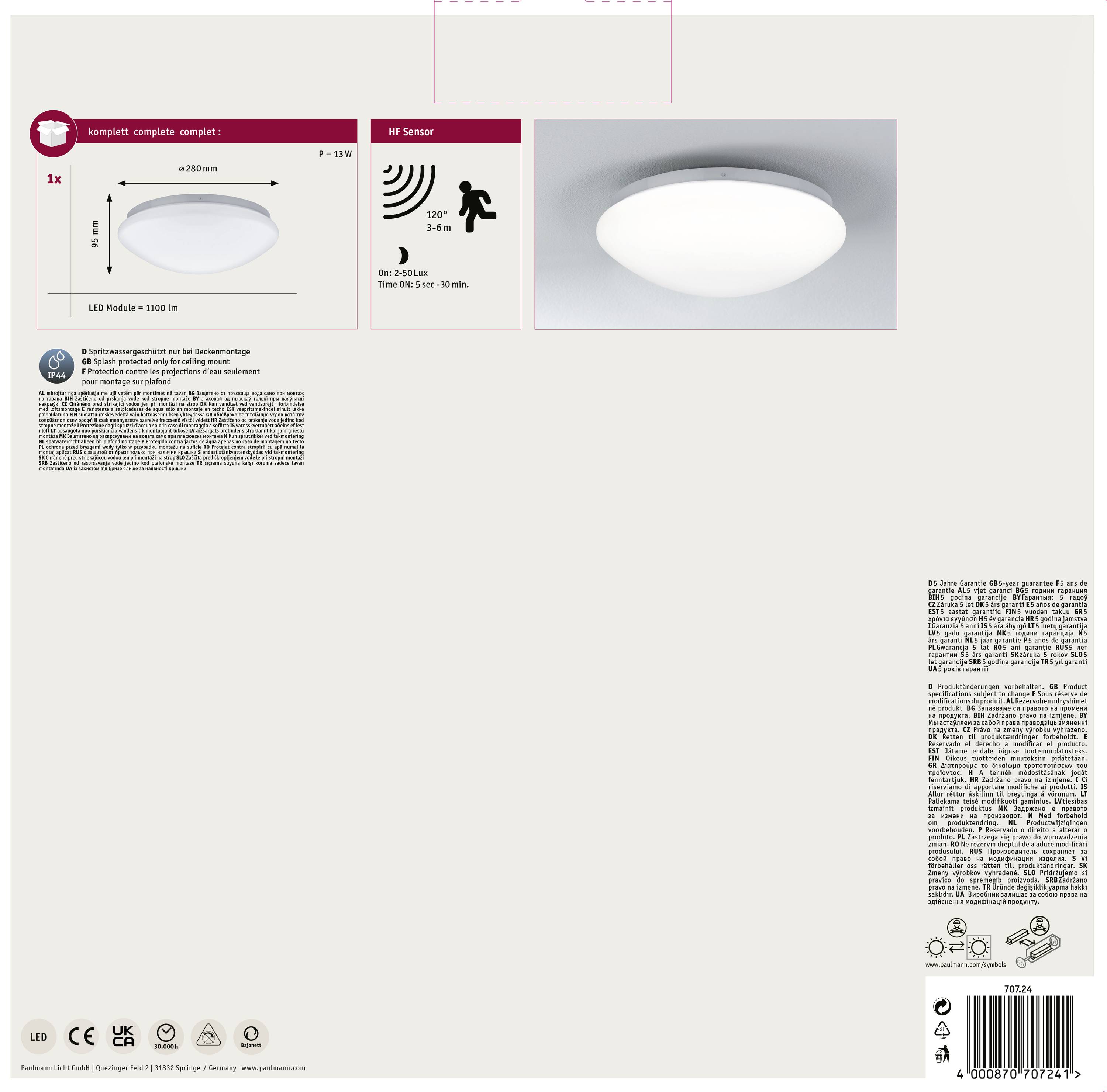 LED-Deckenleuchte mit Bewegungssensor, rund, weiß. Durchmesser: 320 mm, Helligkeit: 2100 lm. Sensorbereich: 360 Grad, 12 m.