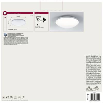 LED-Deckenleuchte mit Bewegungssensor, rund, weiß. Durchmesser: 320 mm, Helligkeit: 2100 lm. Sensorbereich: 360 Grad, 12 m.