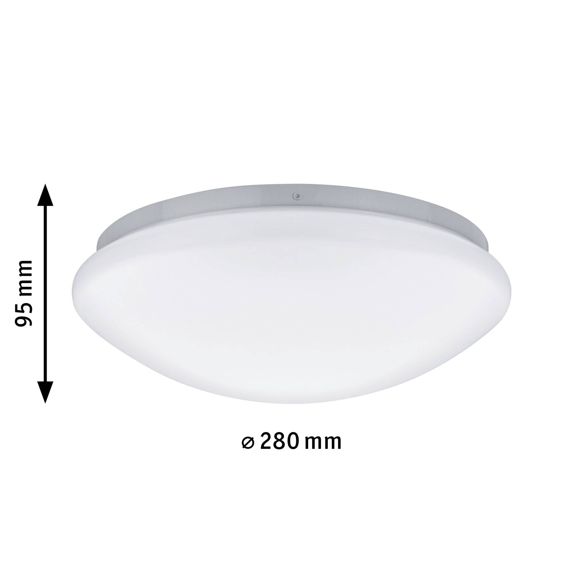 Runde LED-Deckenlampe, Durchmesser 280 mm, Höhe 95 mm, in schlichtem Design. Ideal zur Beleuchtung von Innenräumen.