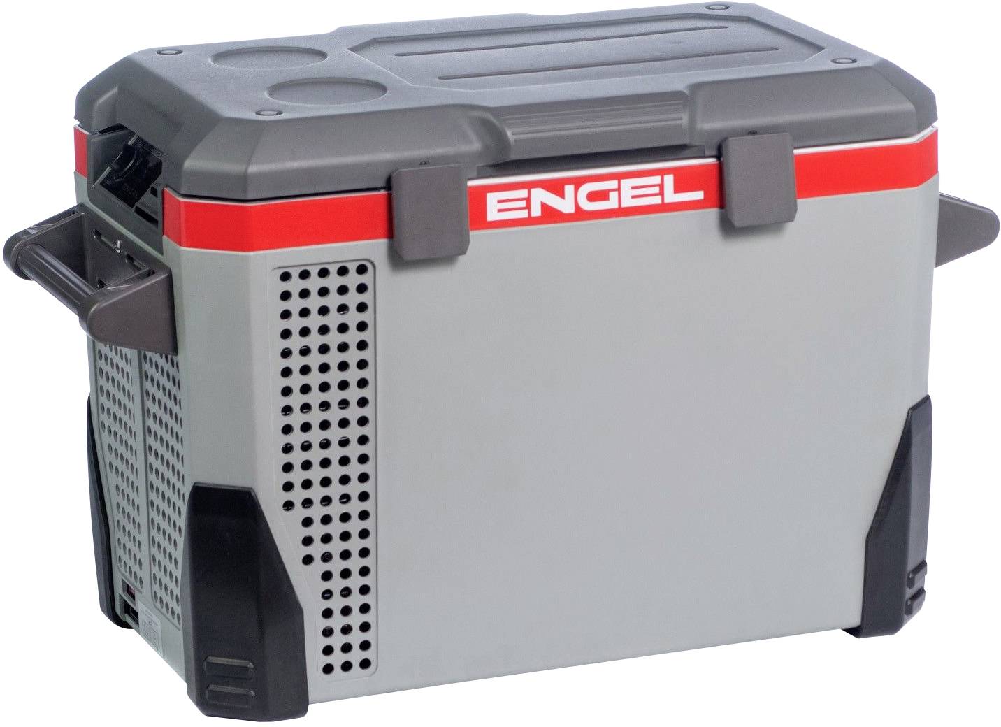 Eine graue Kühlbox mit roten Akzenten und einem schwarzen Griff, markiert mit 'ENGEL'. Sie wirkt robust und tragbar.
