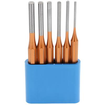 Sechs orangefarbene Metallstifte mit silbernen Spitzen in einem blauen Halter.