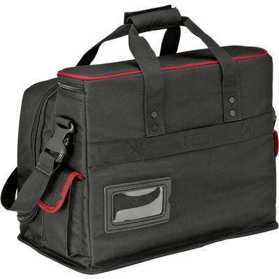 Eine schwarze Werkzeugtasche mit roten Akzenten und einem Tragegriff. Sie hat einen transparenten Kunststoffbereich vorne und einen Schultergurt.