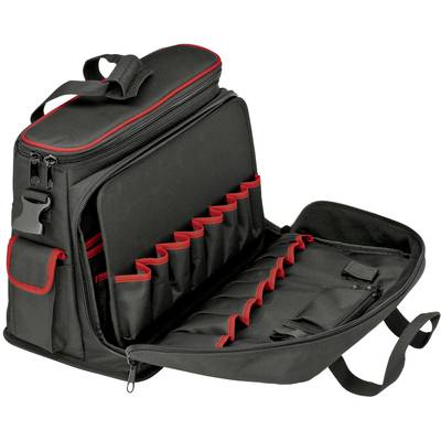 Schwarze Tasche mit roten Akzenten, geöffnet und leer, zeigt mehrere Fächer zur Aufbewahrung. Geeignet für Werkzeuge oder Zubehör.