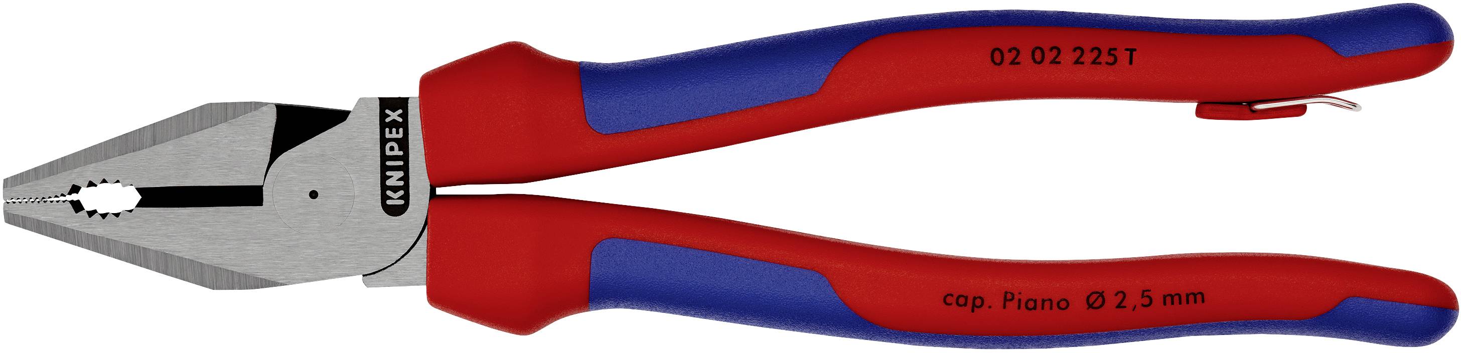 Eine rote und blaue Kombizange der Marke Knipex, geeignet für Drähte bis zu 2,5 mm Dicke.