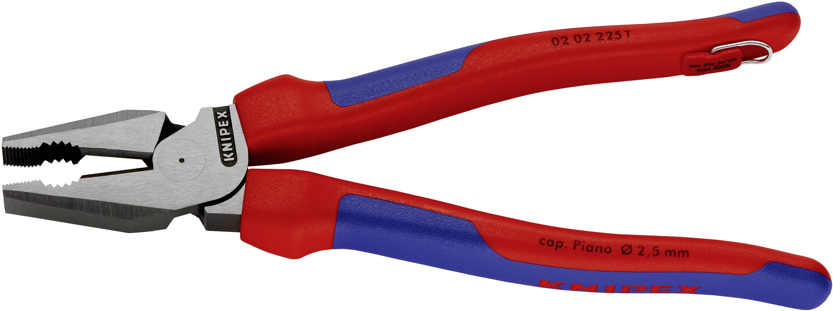 Eine rote und blaue Kombizange liegt auf einer weißen Oberfläche. Sie hat gezahnte Backen zum Greifen und Schneiden, mit der Aufschrift 'KNIPEX'.