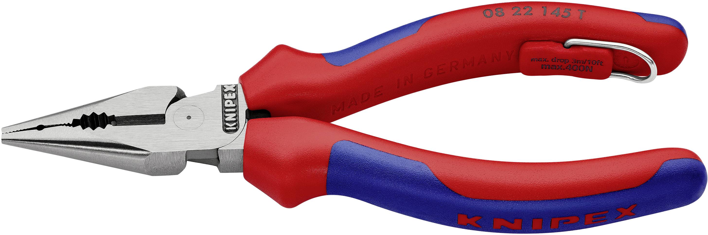 Rote und blaue Kombizange der Marke Knipex, geeignet zum Greifen, Schneiden und Biegen von Drähten und kleineren Objekten.
