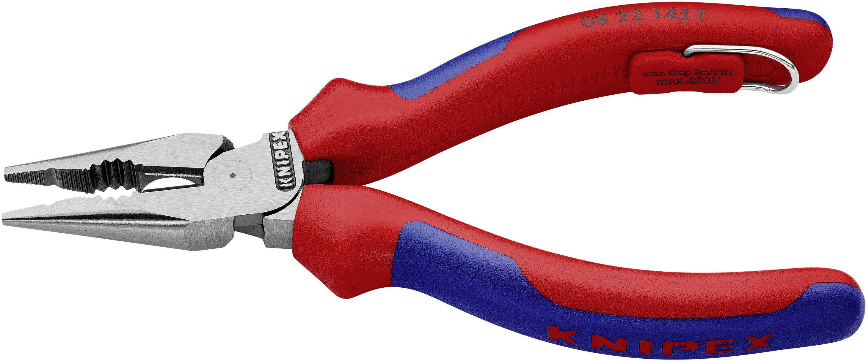 Eine rote und blaue Kombizange der Marke Knipex mit einem isolierten Griff, geeignet für Arbeiten an elektrischen Installationen.