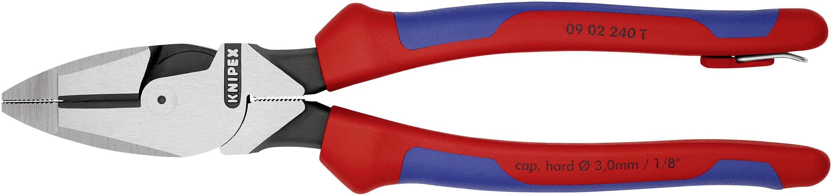 Abgebildet ist eine rote Kombizange mit blauen Griffen und der Aufschrift 'Knipex'. Sie hat eine scharfe Schneide und gezahnte Greifflächen.