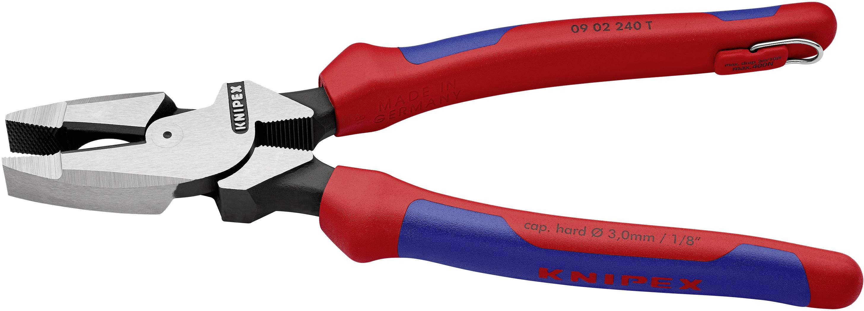 Eine rote und blaue Knipex-Zange, geeignet für das Schneiden von harten Drähten bis 3 mm Durchmesser.