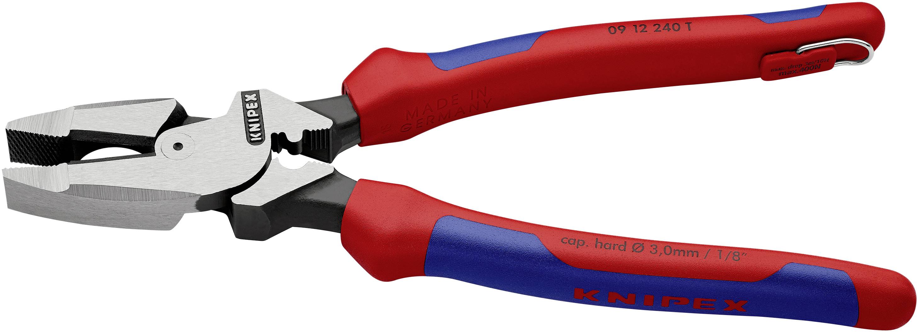 Eine rote und blaue Knipex-Zange mit scharfen Backen, geeignet zum Schneiden von Drähten.