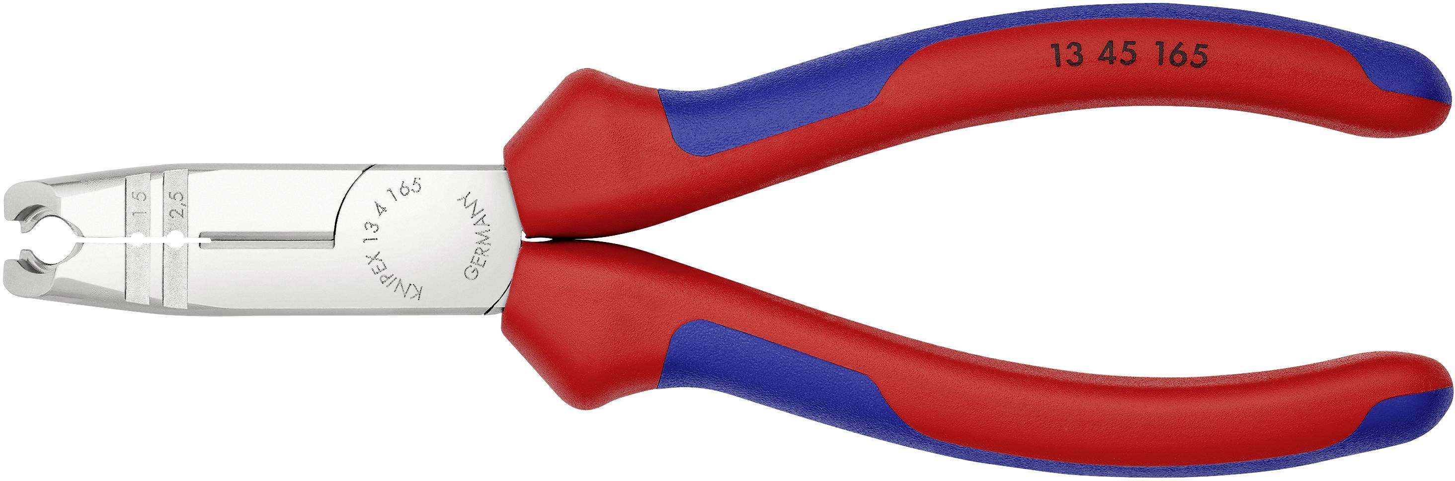 Eine Abisolierzange mit rot-blauen Griffen und silberner Schneidefläche, geeignet zum Abisolieren von Drähten.