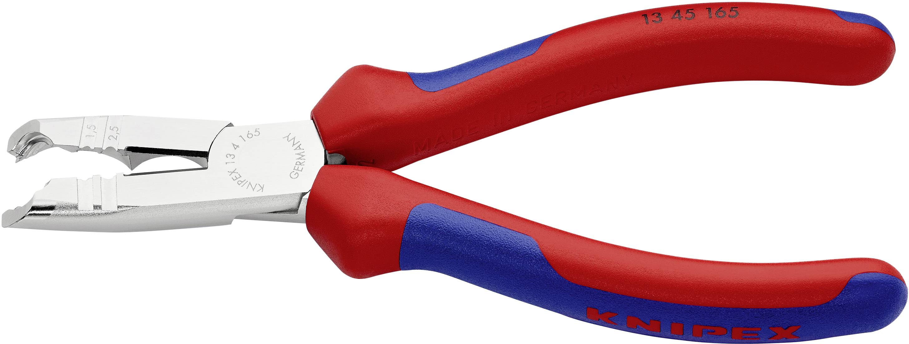 Eine rote und blaue Zange mit isolierten Griffen, geeignet für Arbeiten an elektrischen Geräten. Markierung 'KNIPEX'.