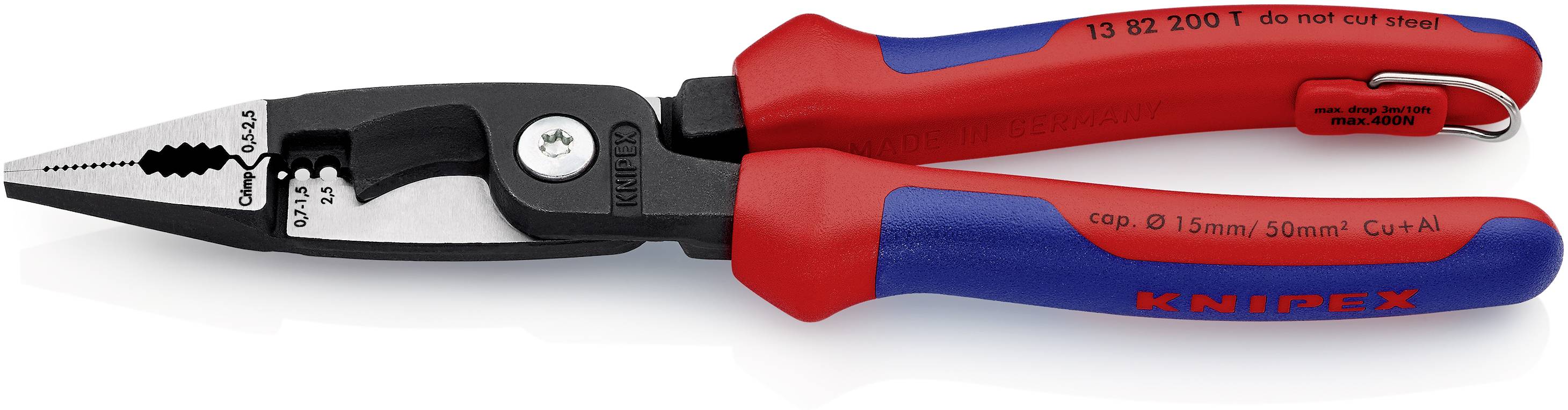 Eine rot-blaue Knipex Mehrfachzange mit schwarzem Schneidebereich und Skalenmarkierungen. Geeignet zum Schneiden und Greifen.