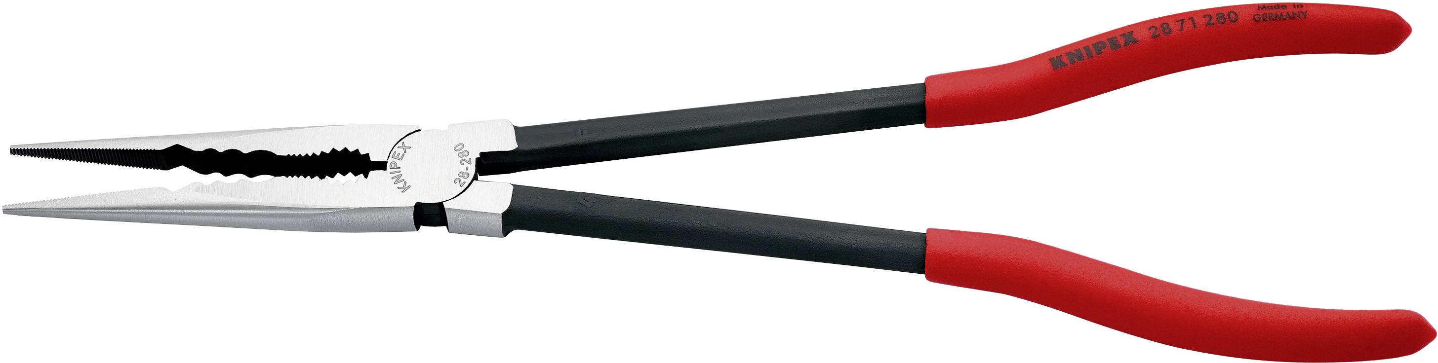 Lange Spitzzange mit roten Griffen und gezackten Greifflächen, geeignet für präzise Arbeiten und das Greifen kleiner Objekte.